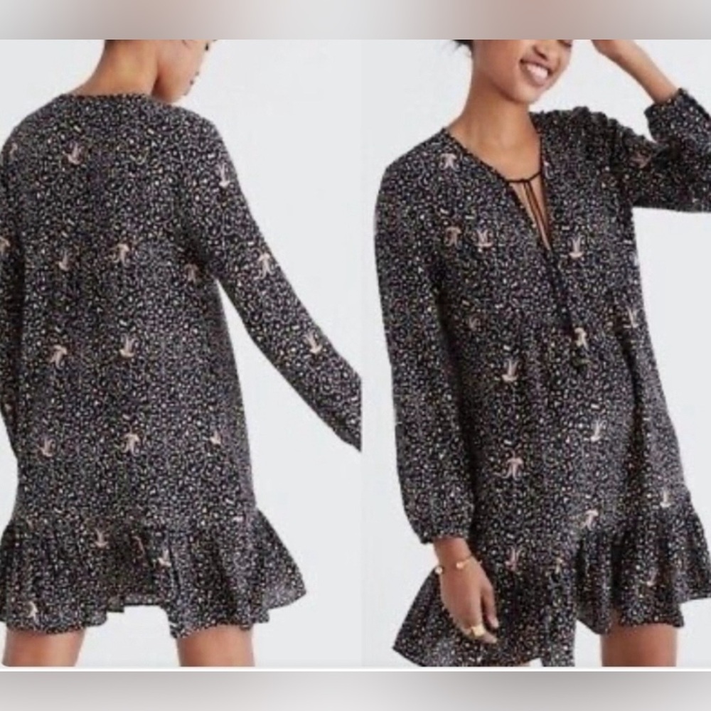 Women’s Madewell Silk Fiesta Black Paisley Mini Flounce Ruffled Boho‎ Dress 14.